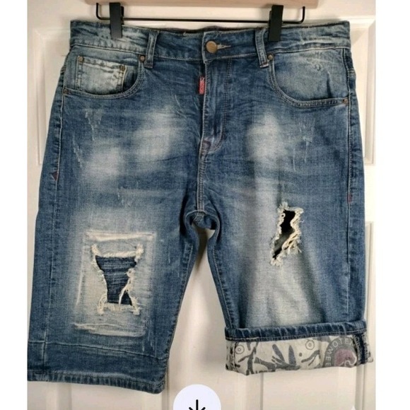 fashion homme Other - Fashion Homme Distressed Denim Shorts Size 33 Blue Acid Wash Graphic Cuff Punk